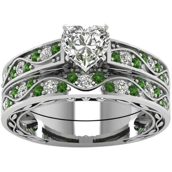 Gems Jewels 14K White Gold Plated 2 Ct Heart Cut White Diamond & Emerald Wedding Engagement Thanksgiving Bridal Ring Set For Women's 925 Sterling Silver -7.5
