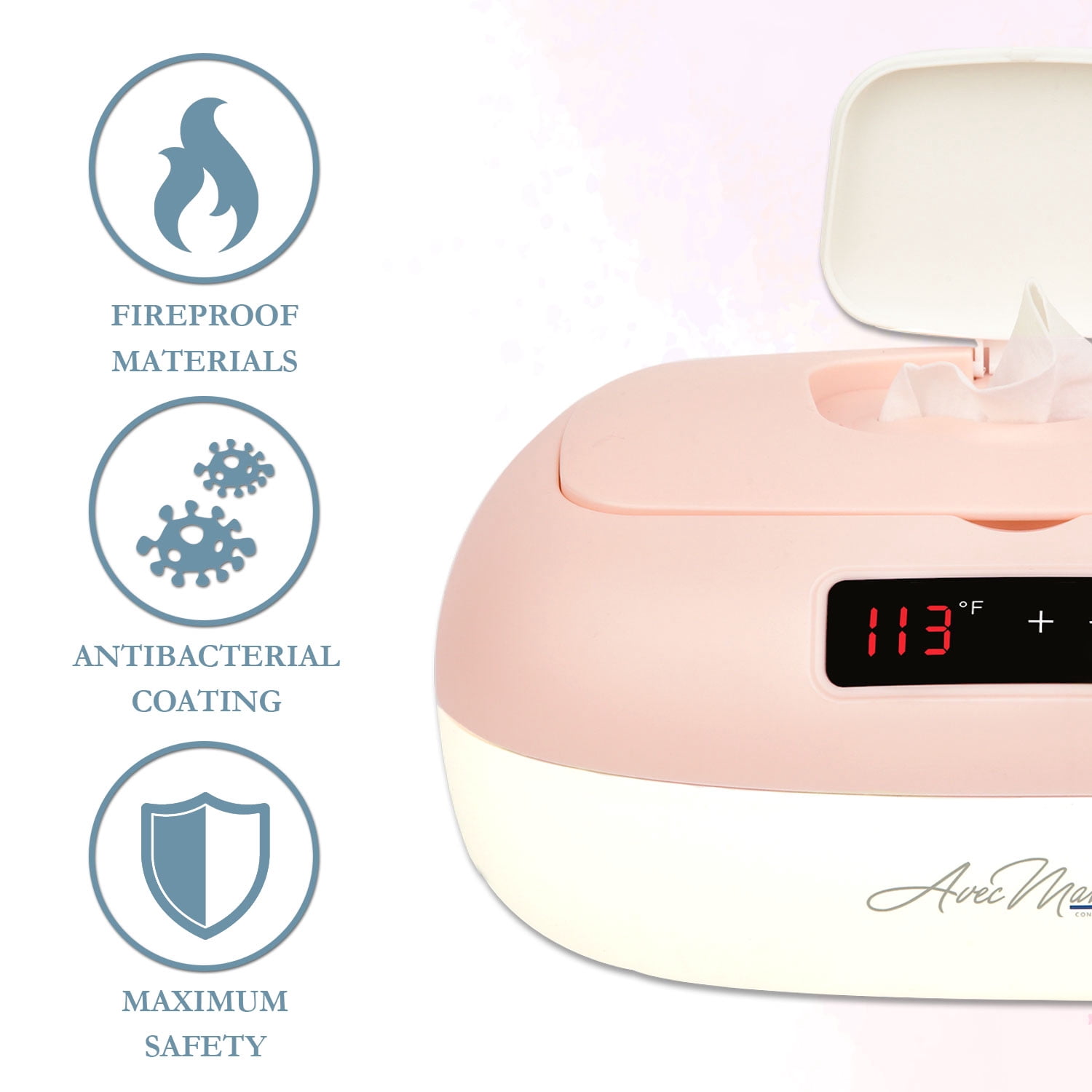 Avec Maman La Caresse Baby Wipe Warmer - New 2024 - Designed in France - Wet Wipe Dispenser - Adjustable Heat Settings Digital Display - Pink