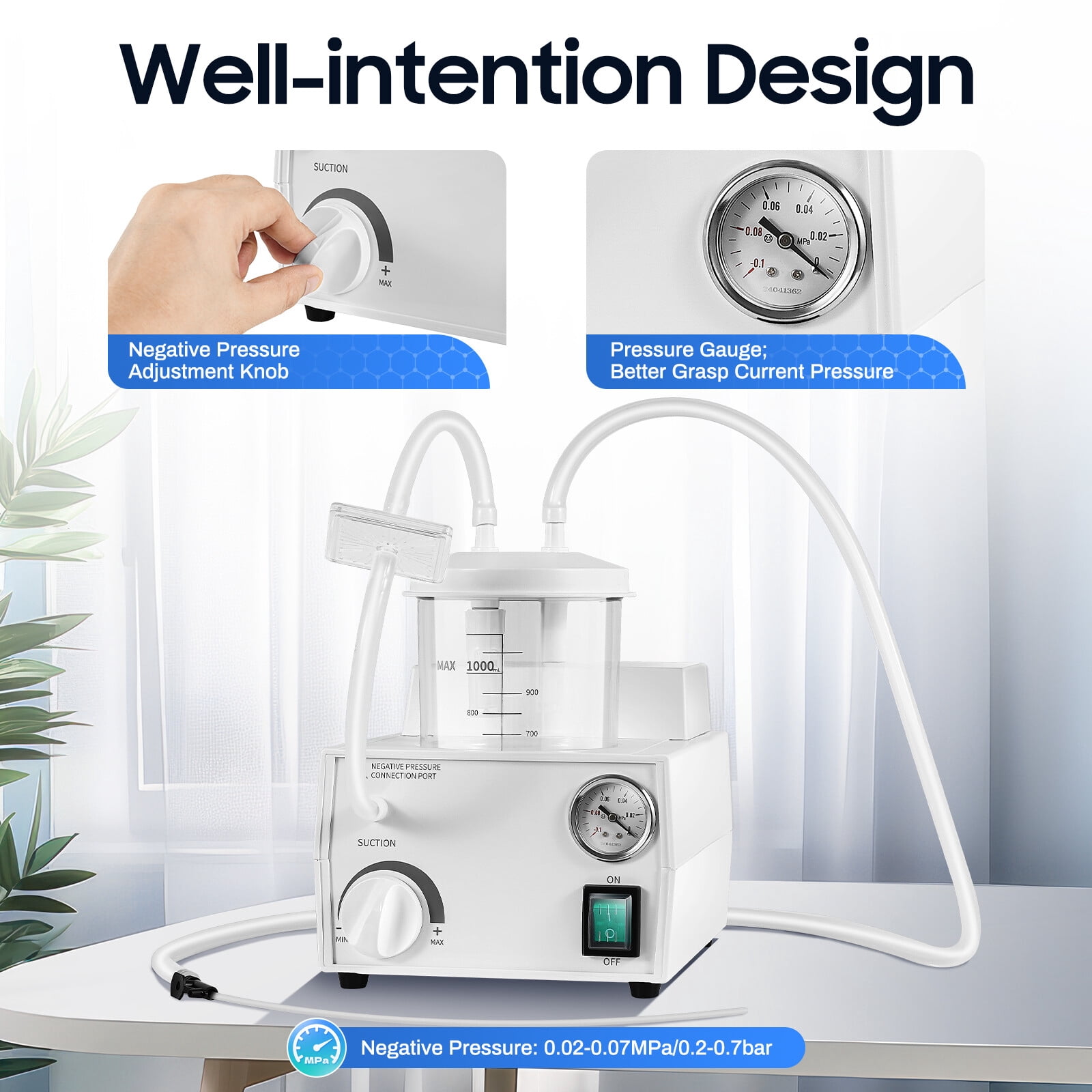 Portable Phlegm Suction Unit 11L/min 0.07MPa, Oil-Free Aspirator Machine 1000ml Removable Bottle for Home Hospital COPD Elderly Care, 110V AC
