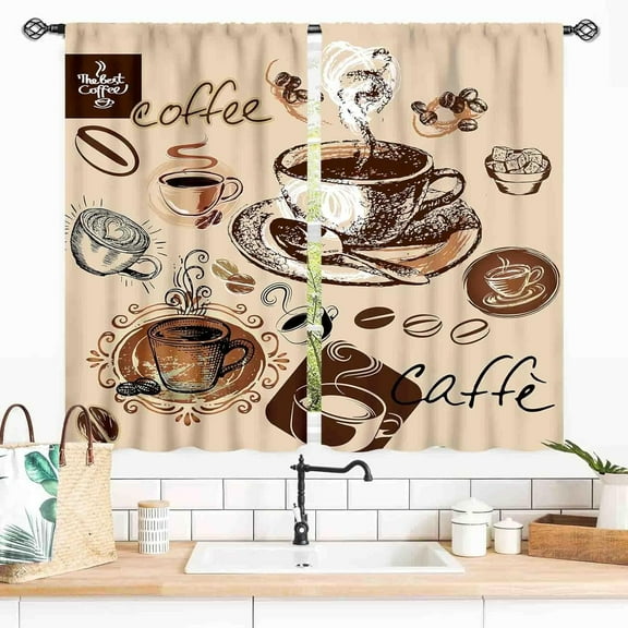 Coffee Kitchen Curtains, Rusitc Farmhouse Retro Vintage Latte Cafe Tea Cup Coffee Time Cottage Beige Window Drapery Treatments for Dining Room Bedroom Living Room 2 Panels, 55x39 Inch