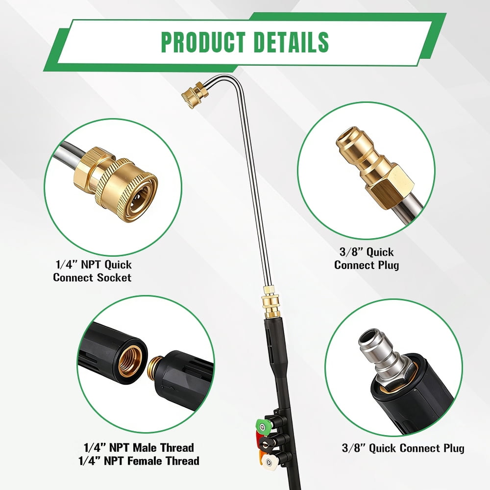 INTELIVE 109inch Pressure Washer Extension Attachment Wand Set with 6 Straight Rods and 1 Gutter Cleaning Curved Rod, Quick Connect with 6 Nozzle Tips for Roof Drainage Ditch, Exterior Walls