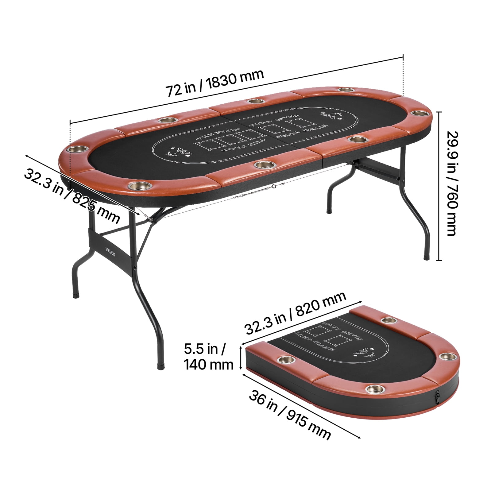 VEVOR Foldable Poker Table, 8 Player 72 in Folding Casino Leisure Table with Padded Rails and Cup Holders, Oval Portable Game Tables with Felt & Metal Legs, for Texas Holdeem Game and Blackjack