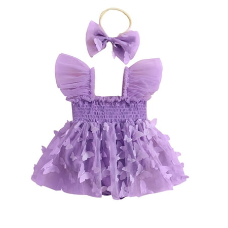 

Infant Girl Romper Dress Butterfly Decor Fly Sleeve Ruched Mesh Skirt Hem Jumpsuits Newborn Clothes Baby Bodysuits with Headband 3-24 Months