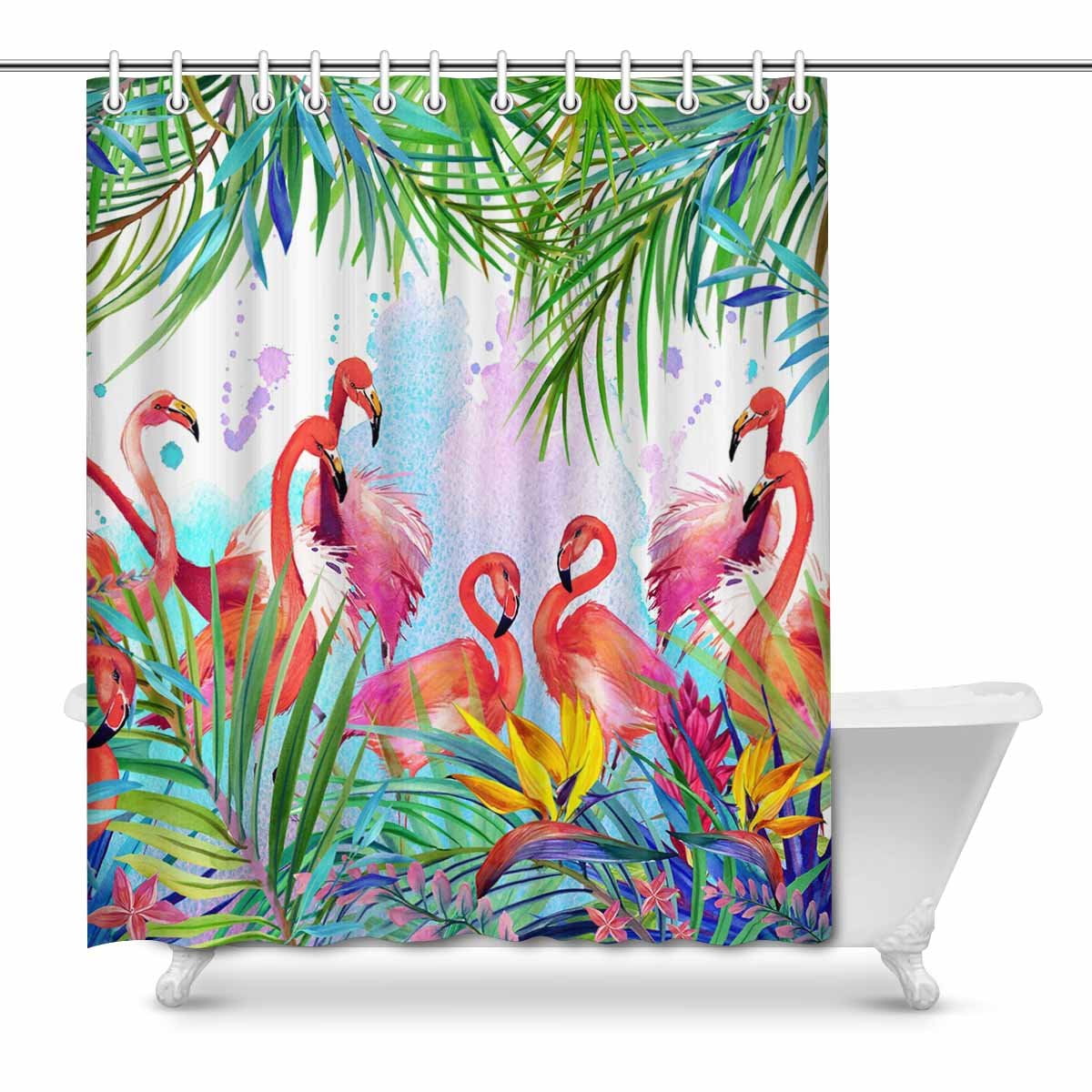 Tropical Flamingo Flowers Striped Bathroom Waterproof Fabric Shower Curtain Set
