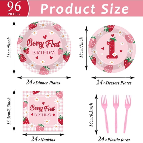 YUYAN-96 Pcs Strawberry 1st Birthday Party Plates Strawberry 1th Theme Party Decorations Berry First Paper Plates and Napkins Daisy Birthdays Disposable Dessert Tableware Set 1 Years Supplies 24 Gues
