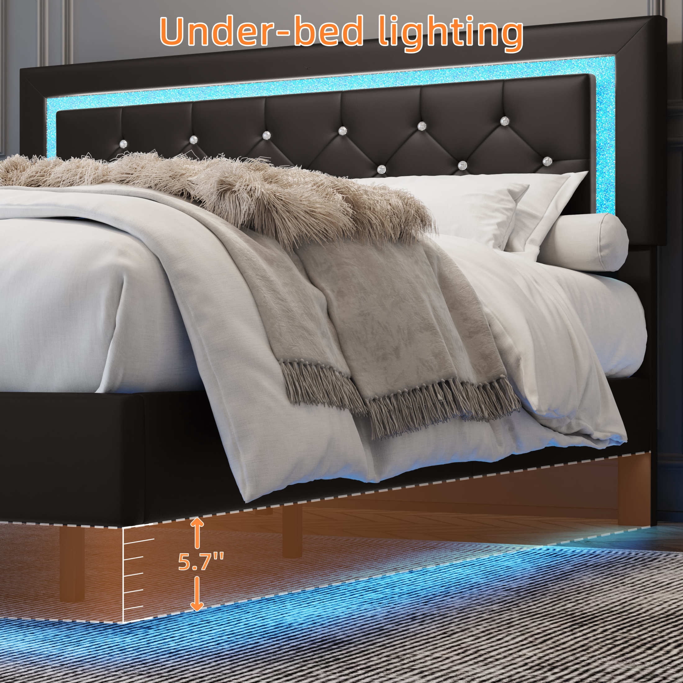 Noble House Elliana Full Size Upholstered Floating Platform Bed Frame with Diamond Tufted Headboard, LED Lights, Black