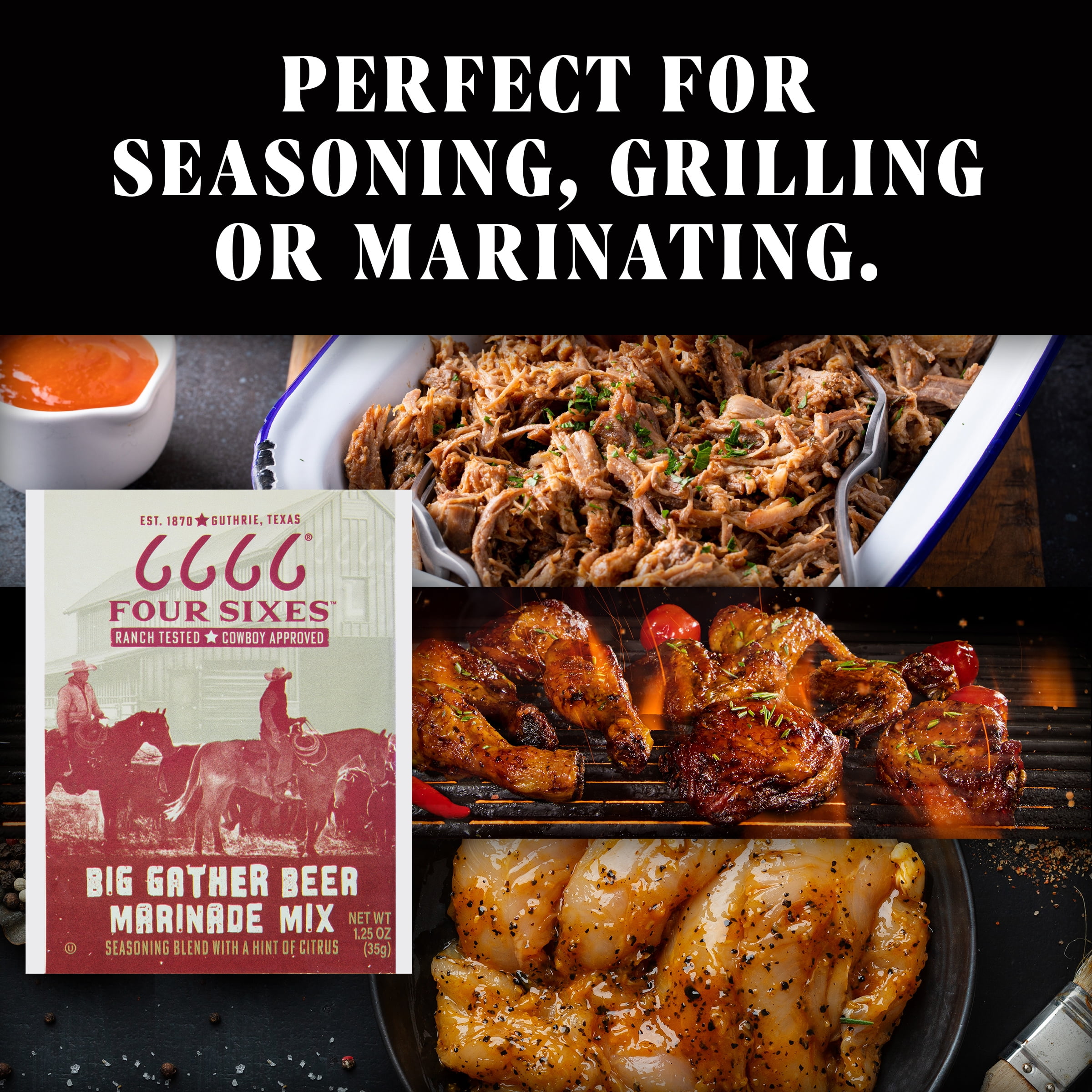 (4 pack) Four Sixes Big Gather Beer Marinade Mix, Meat Marinade, Hint of Citrus, 1.25 oz Packet