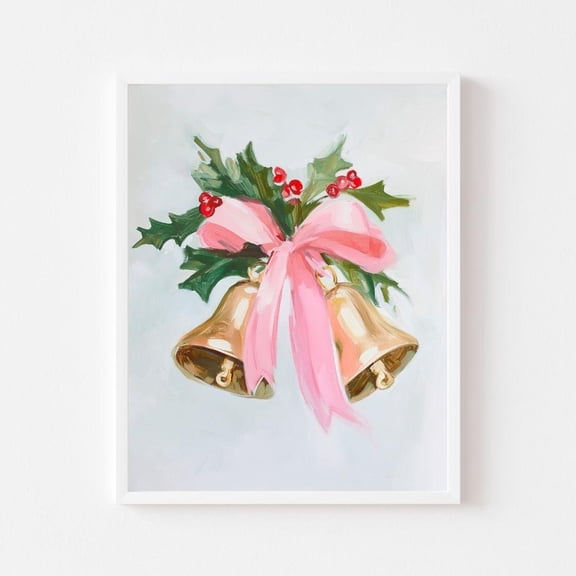 Kna Prints - Bells With Pink Bow Painting Pastel Holly Wall Art Print Girly Retro Holiday Vintage Festive For Home Decor-8x12 Poster Only