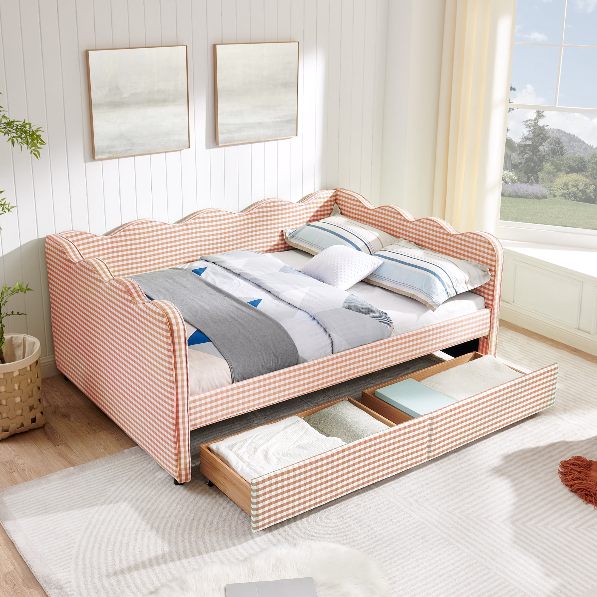 Full Size Daybed with Storage Drawers and USB Port, Upholstered Linen Sofa Bed Frame with Wave Design, Kids Guest Bed for Bedroom Living Room, Pink