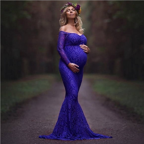 Juebong Maternity Dress Lace Long Sleeve Maternity Maxi Dress for Baby Shower Maternity Photoshoot V-neck Net Yarn Lace Maternity Solid Color Floor Length Mermaid Dresses