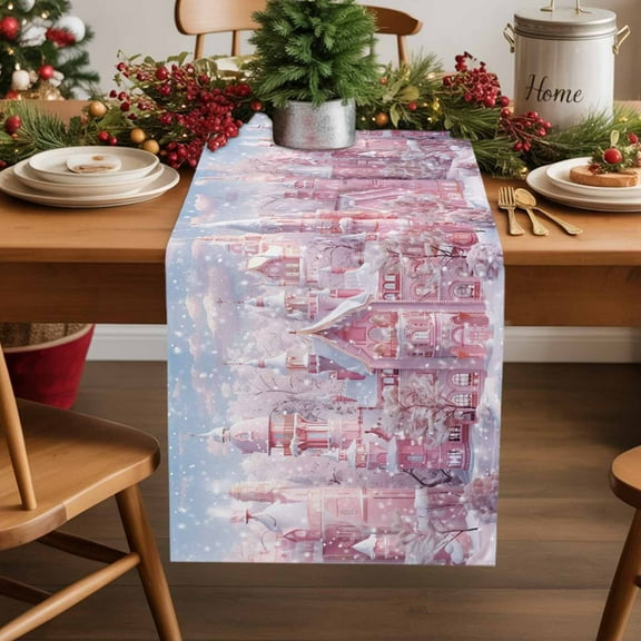 Burlap Table Runner 36 Inches Long,Winter Snow Scene Christmas Town on Pink Non-Slip Kitchen Table Runners for Dining Room Everyday Use Party Table Decorations Dreamy