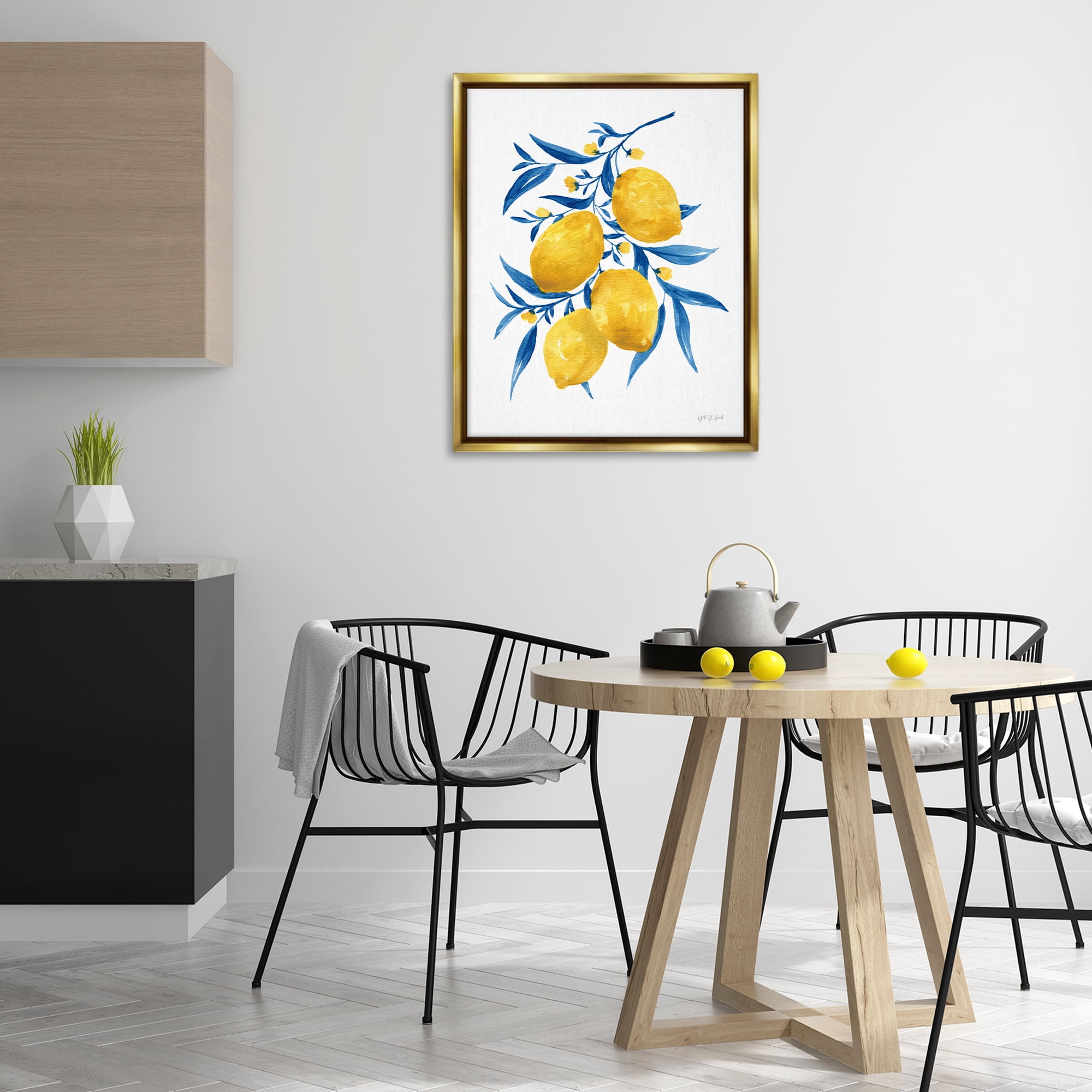Stupell Industries Blue Leaf Lemons Food & Beverage Painting Gold Floater Framed Canvas Art Print Wall Art, 25 x 31