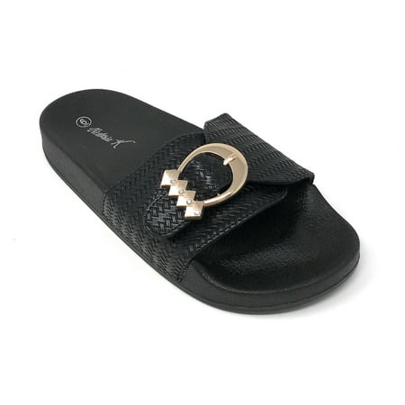 

Victoria K Women s Weaved Texture Gold Buckle Slider Sandals