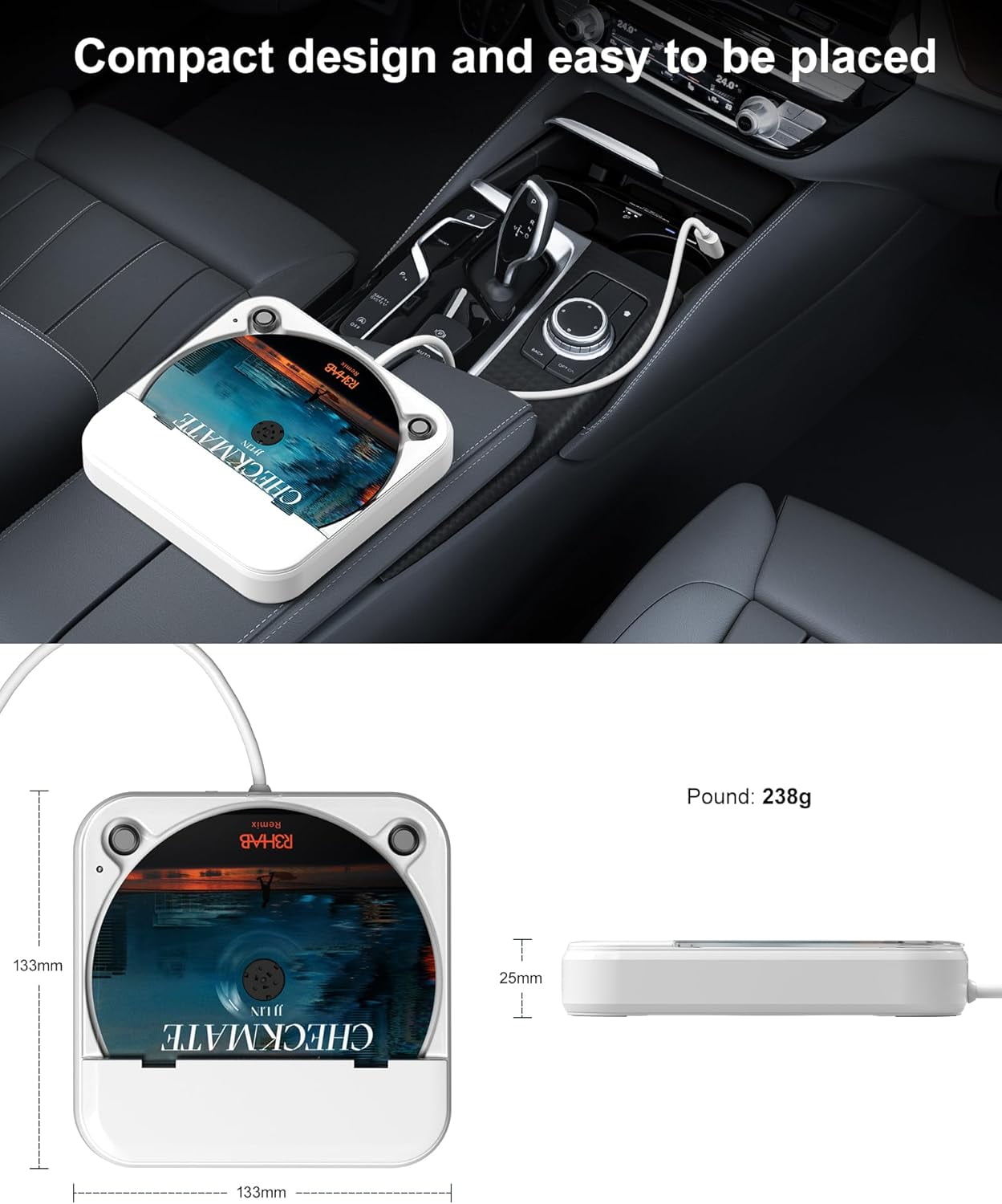 Car CD Player with USB/AUX Port, External Universal CD Player for Car with Car Radio Stereo, Portable Car CD Players with Remote Control for Laptop, TV, Computer,Universal for Vehicle
