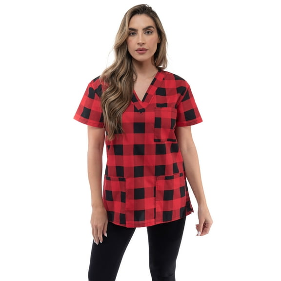 Just Love Women's Scrub Tops (Red - Buffalo Plaid, X-Small)