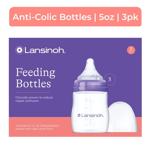 Lansinoh Anti-Colic Baby Bottles, BPA-Free Plastic, 5oz, 3pk, Slow Flow Nipples (Size S), Breastfeeding Bottle, NaturalWave Design, Baby Essentials