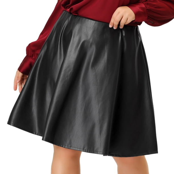 Women's Plus Size PU Skirt A-Line Versatile Flared Party Skirts Black 4X