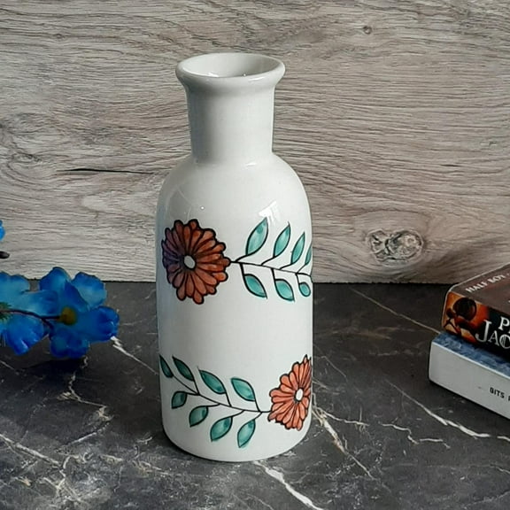 India Meets India Ceramic Bottle Vase [White w/ Orange Flower], Modern Minimalistic Vase, Decorative Pampas Dried Flowers Vase for Home Décor/Living Room/Bedroom/Office/Table/Bookshelf, 7.5 in