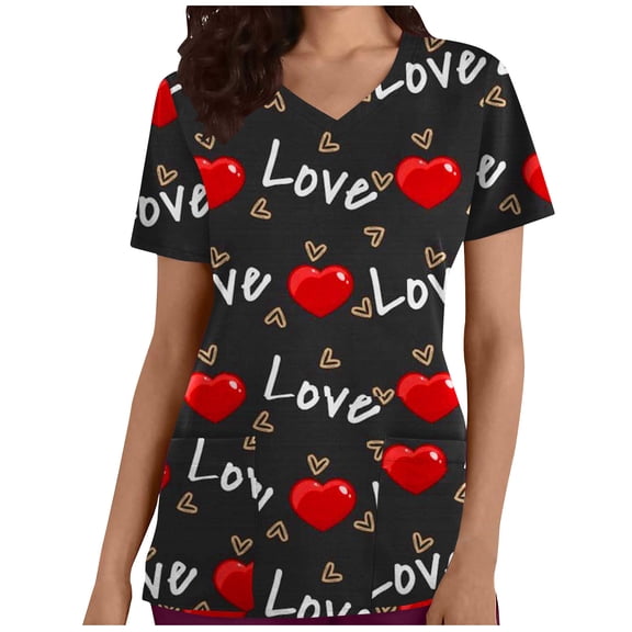 Odeerbi Valentines Scrub Tops for Women V Neck T-Shirt 2025 Fashion Short Sleeve Printing Blouse Causal Pullover Pockets Black