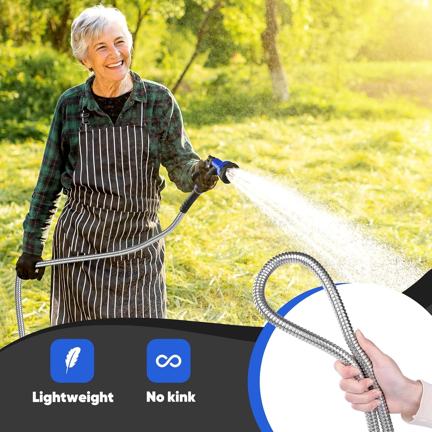 Stainless Steel Garden Hose with 10 Function Nozzle, Lightweight, Leak-Proof, Puncture Resistant for Yard, Outdoor, RV