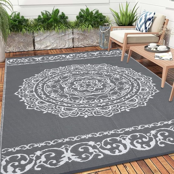 Outdoor Rug 5x8 for Patio Boho Waterproof Plastic Straw Camping Rugs Indoor Outdoor Reversible RV Mat Carpet for Outside Picnic Backyard Deck Balcony Porch Beach, Grey/White