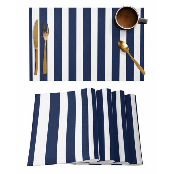 Navy Blue Striped Placemats Set of 6, Modern Farmhouse Blue White Stripes Placemats for Dining Table, Place Mats for Kitchen Tabletop, Waterproof Wipeable Dining Table Mats Set
