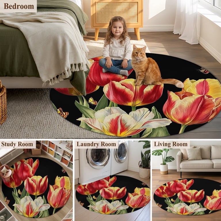 7ft Round Rug Luxury Tulip Floral Area Rugs for Living Room