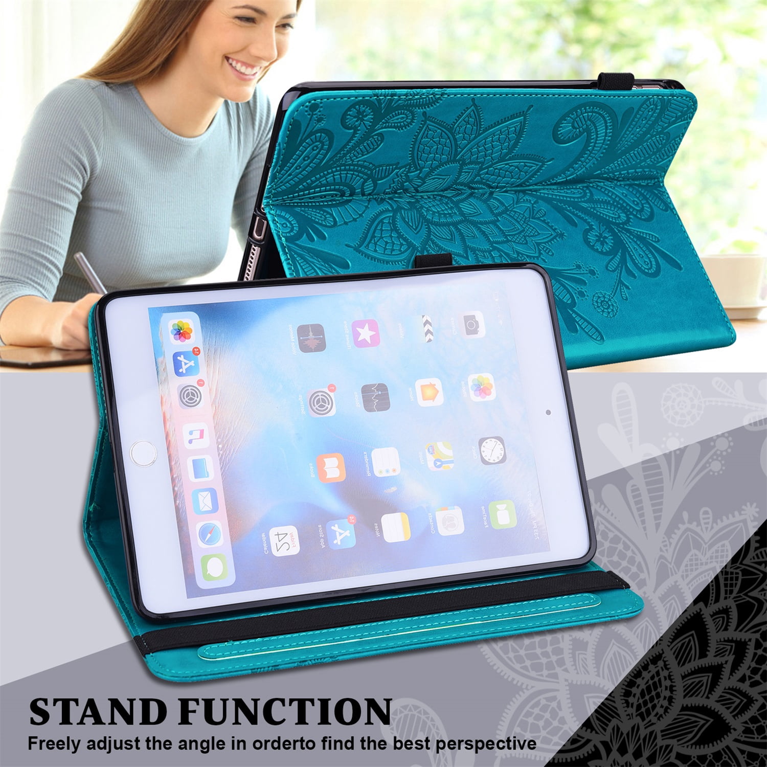 SaniMore for iPad 10th Generation 10.9" 2022 Embossed Case, PU Leather Case with Card Slot & Kickstand Pencil Holder & Hand Strap Shockproof Protective Case for Women Girls, Blue
