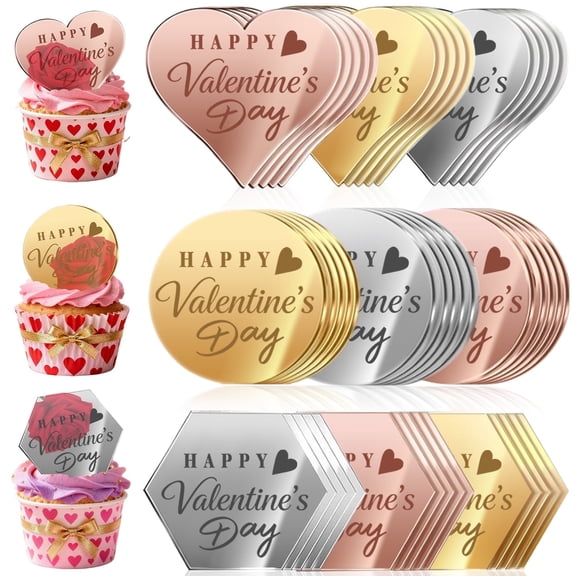 45PCS Happy Valentine's Day Cake Toppers, Mirror Acrylic Cupcake Toppers 3 Multi-shape & 3 Different Color Custom Cupcake Picks for Valentine Party Anniversary Pastries Decorations