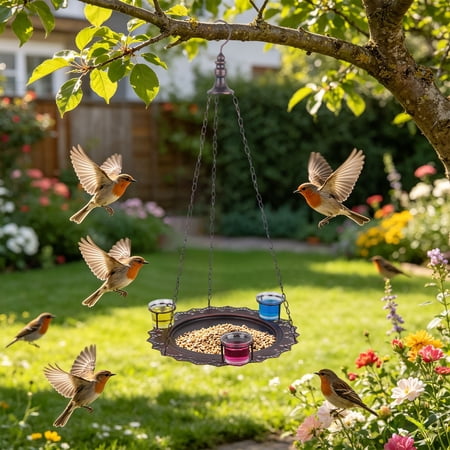 Lunxisen 1 Pcs Bronze Hanging Bird Feeder Tray Cups Decorative Wild Birds Feeding Station Garden Patio Backyard Supplies