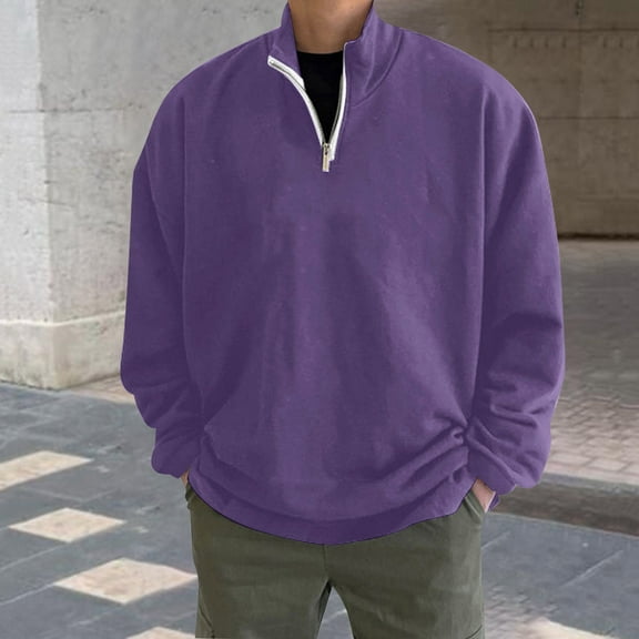 CQONEPT Men's Sweatshirts Drop Shoulder 1/4 Zip Pullover Tops Long Sleeve Casual Tunic Tops Fall Winter Clothes Purple 2XL