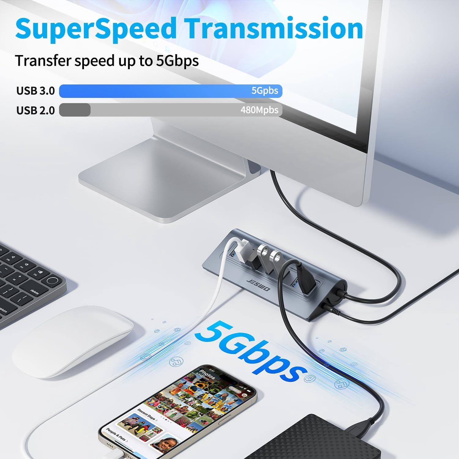 Powered USB Hub, 7-Port USB 3.0 Hub, Aluminum USB Data Hub with 3.3ft Cable, USB Hub 3.0 Powered with 5V/4A Power Adapter for MacBook, Notebook PC, USB-Flash Drives, Mobile HDD and More (Grey)