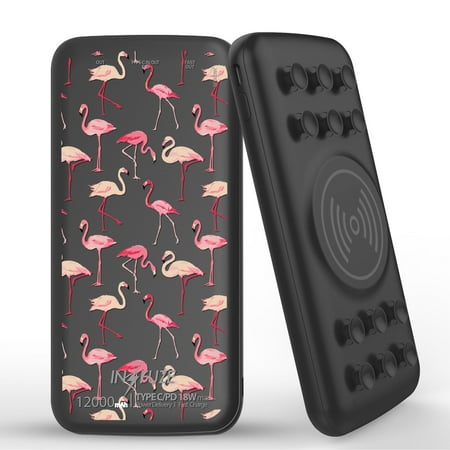 

INFUZE Qi Wireless Portable Charger for Samsung Galaxy A32 5G External Battery (12000 mAh 18W Power Delivery USB-C/USB-A 3.0 Ports Suction Cups) with Touch Tool - Flamingos