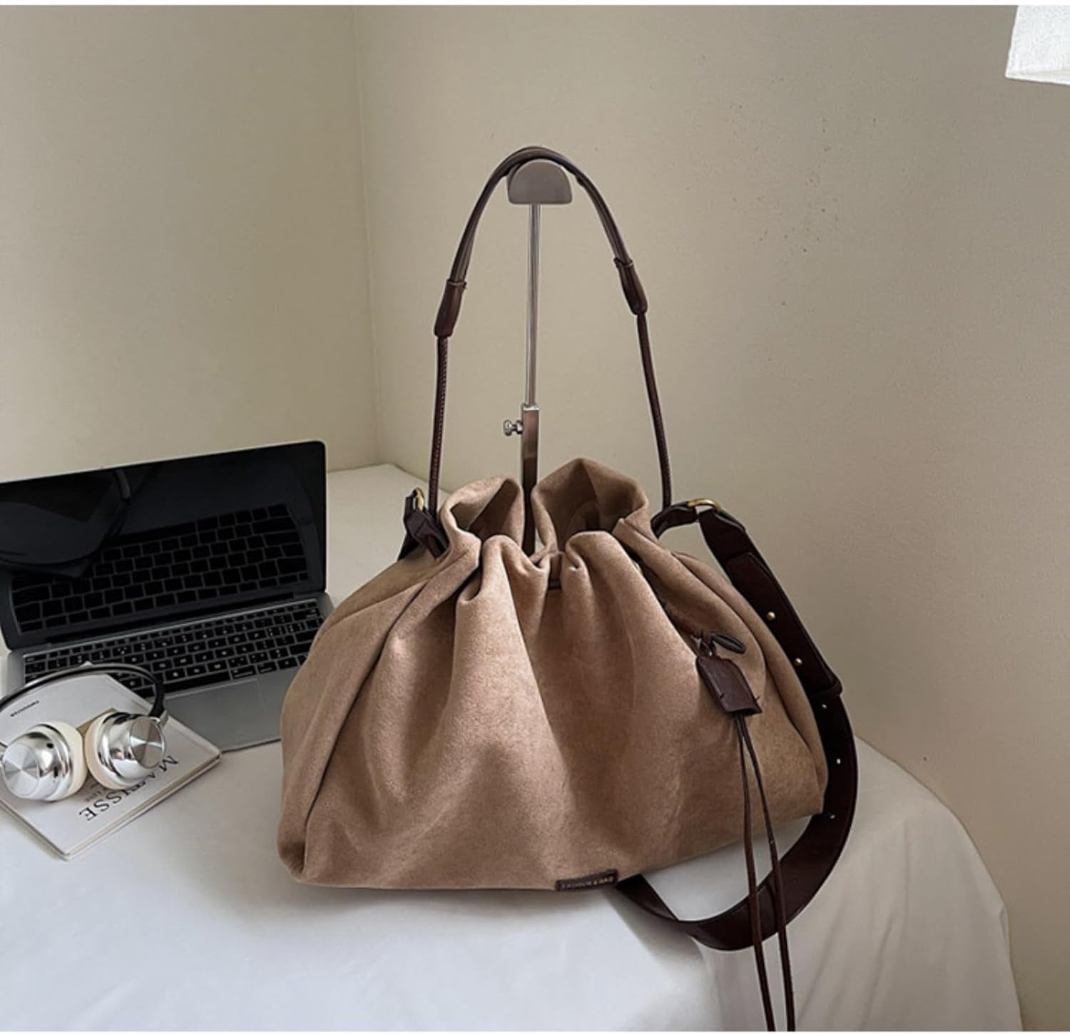 SPEKSEE Suede Bag for Woman Faux Suede Large Satchel Crossbody Tote Purse Drawstring Vintage Fall Winter Hobo Handbag