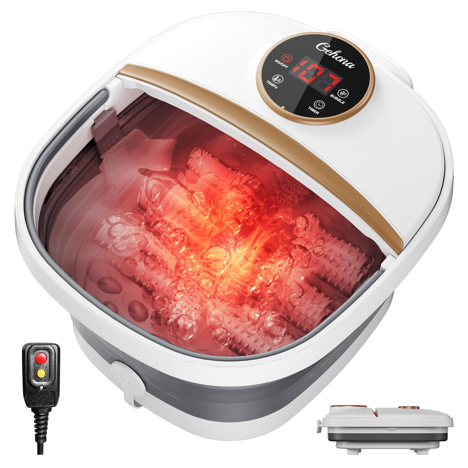 Gehana Foot Spa Massager with Heat, Red Light Therapy & Bubble Jets - Digital Display Foot Bath with Roller Massage for Stress Relief, Collapsible Design for Home Use
