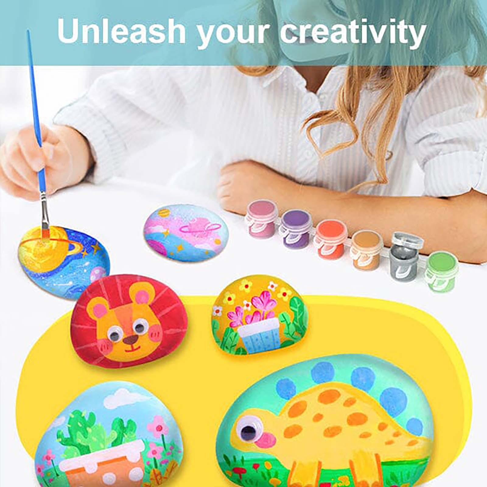 Kit De Peinture Sur Roche – 2 Pierres Polies, 12 Peintures Acryliques, Pinceaux, Yeux Mobiles – Activité Créative Pour Enfants Et Adultes – Cadeau Art