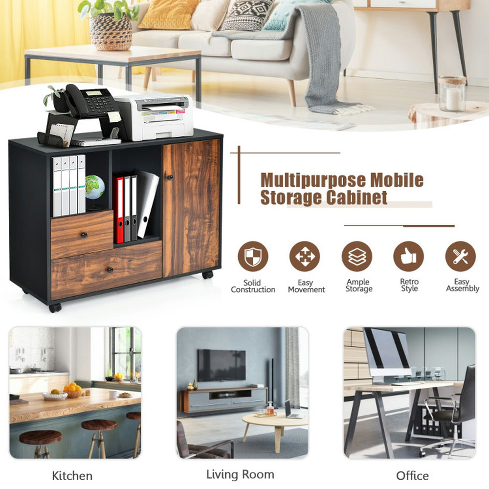 Demi Bonn 2 Drawers Mobile Filing Cabinet with 4 Wheels and Open Shelves for Home and Office, Black