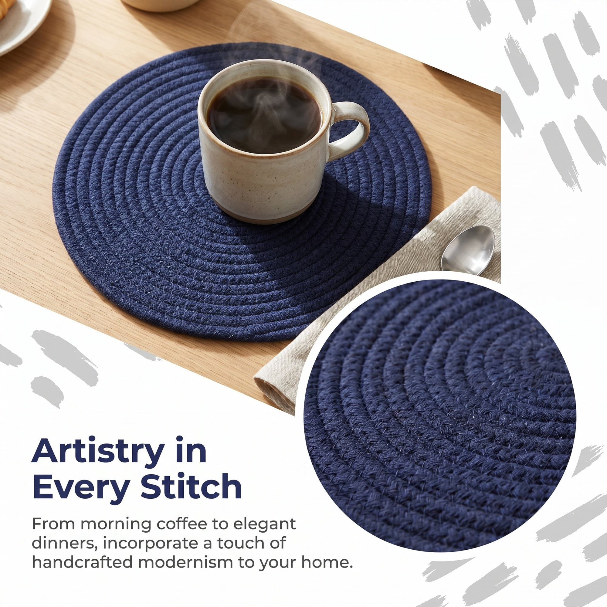 Unique Bargains Placemats Set of 4 Cotton Round Placemats for Dining Table Navy Blue
