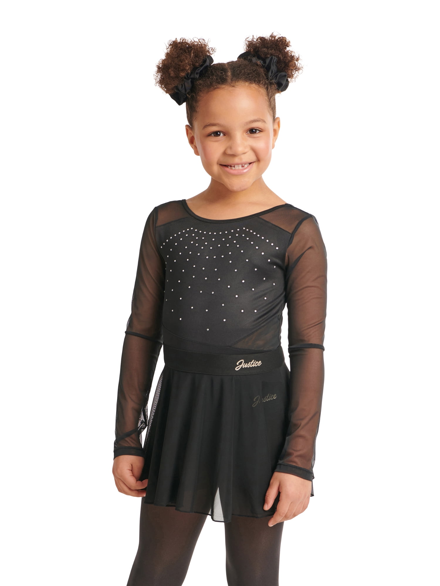 Justice Girls Long Sleeve Gymnastics and Dance Leotard with Mesh Panels & Rhinestone Accents, XS-XL
