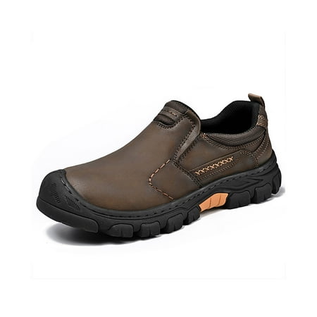 Mens Leather Non-slip Loafers Outdoor Hiking Sneakers Lightweight Casual Work Shoes Comfortable Soft Driving Shoes Brown 8.5 US