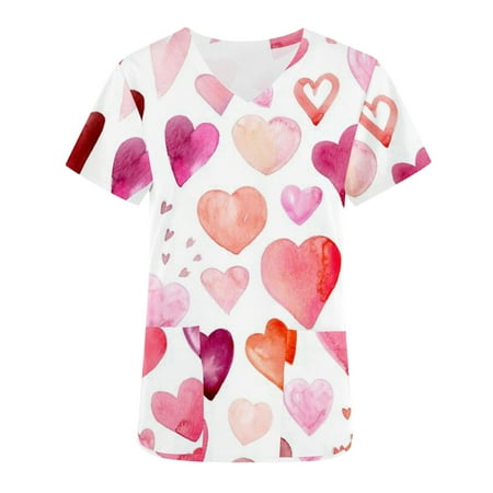

JWZUY Women Heart Printed Scrub Tops V-Neck Working Uniform T-Shirt Cute Printed Scrub Top Short Sleeve Tops with Pockets Blouses Pullover Shirts Tshirts Tee Shirt (Pink S)