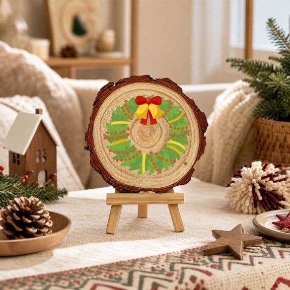 Paint by Numbers Kit with Wooden Slice and Mini Easel, Beginner Friendly Craft Kit for Adults and Children, Christmas Ornament Kits Festive Gift 1Pc