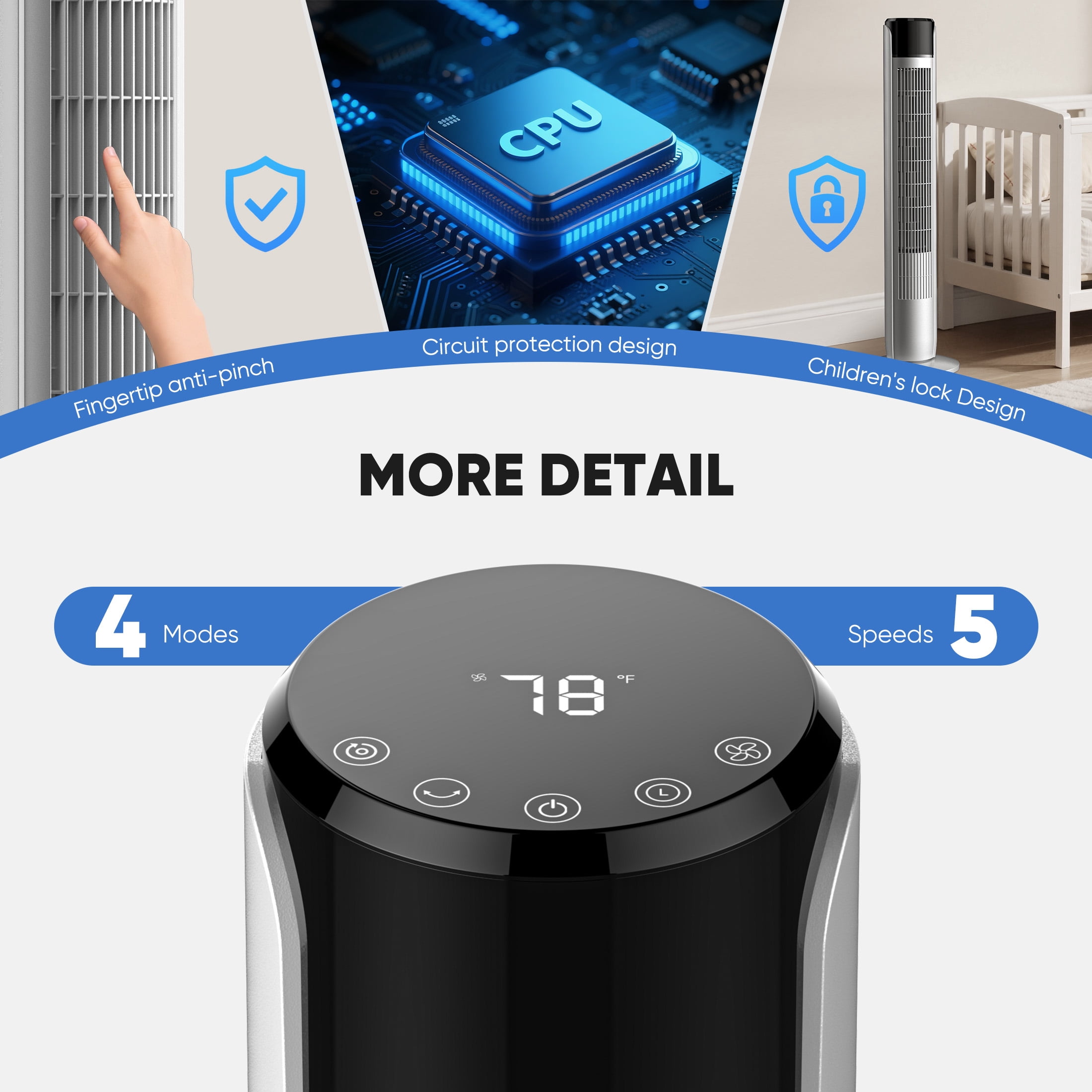 CONCETTA Quiet Tower Fan for Bedroom, Bladeless Design, 20ft/s Speed, 5 Speeds, 12H Timer, Oscillating，Grey