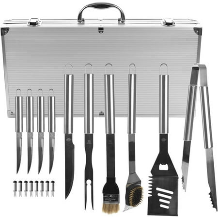 BBQ Grilling Tool Kit, 19 Piece Stainless Steel Summer Barbecue Grill Utensil Set with Carrying Case by Chef Buddy