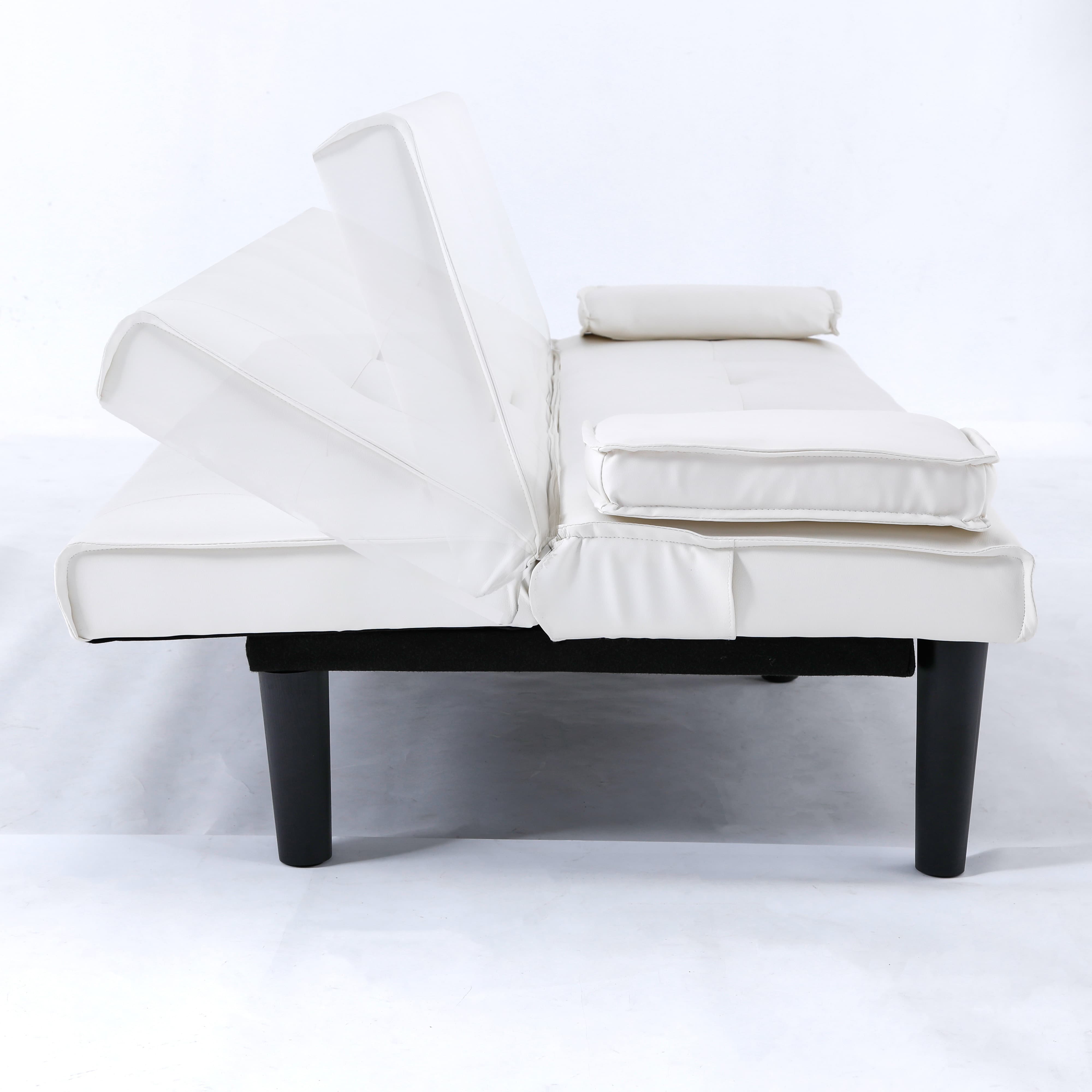 MAYEERTY 67" Convertible Sofa Bed PVC Loveseat Sofa with Cup Holder for Apartment, Living Room, Small Space, White