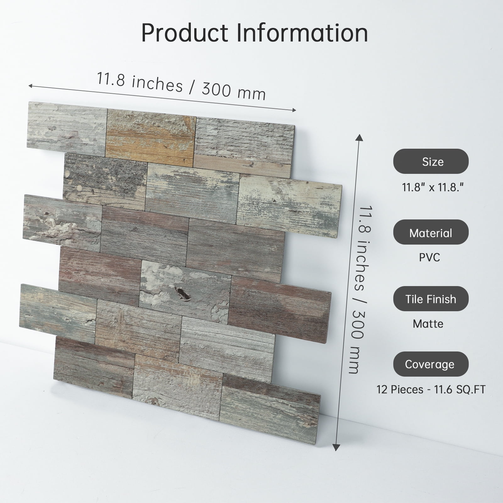 12-Sheet Subway Tile Peel and Stick Backsplash, 11.8" x 11.8" Self Adhesive PVC Wall Tiles for Kitchen Fireplace (Vintage Wood Grain)