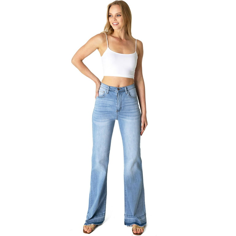 Vibrant MIU Womens Juniors High Rise Classic Bell Bottom Jeans (Light  Denim, 3)