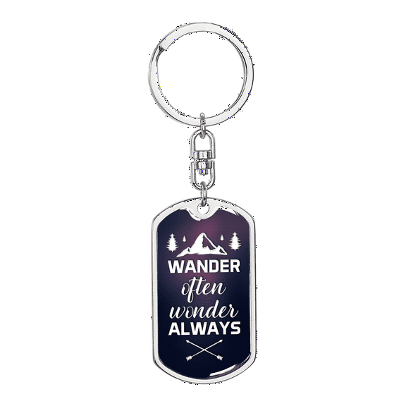 Wander Often Wonder Always Keychain Stainless Steel or 18k Gold Dog Tag Keyring