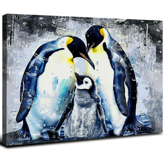 JRXY Large Penguin Picture Canvas Wall Art Penguin Family Abstract Animal Love Grey Painting Artwork for Bedroom Home Decor Ready to Hang 20x16inch