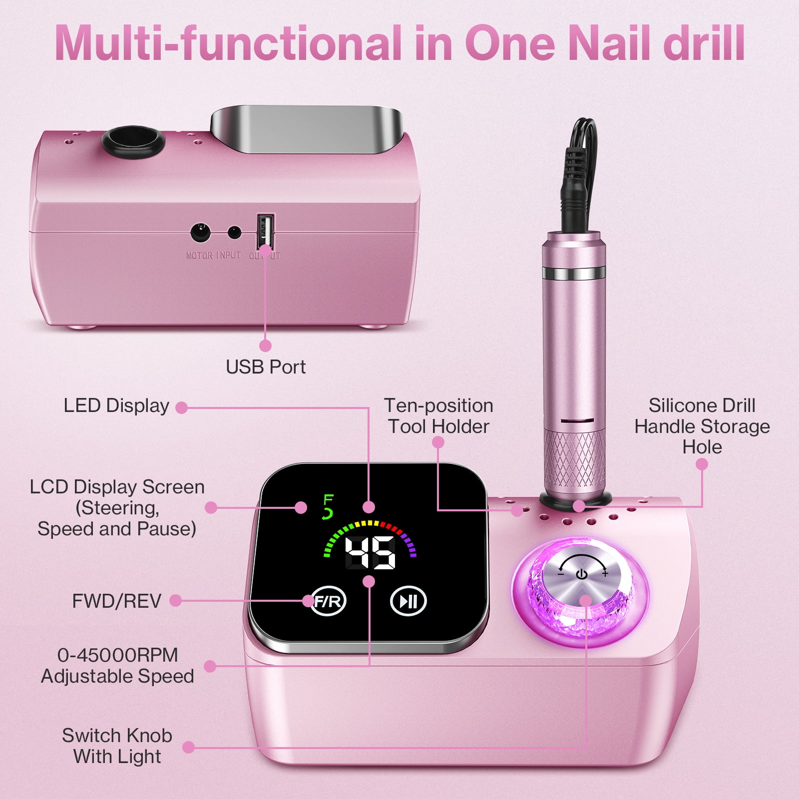 Electric Nail Drill Professional 45000RPM, Smart Touch Display Electric Nail File, Nail Drill Kit for Remover Acrylic & Gel Nails Manicure for Salon Home,Pink